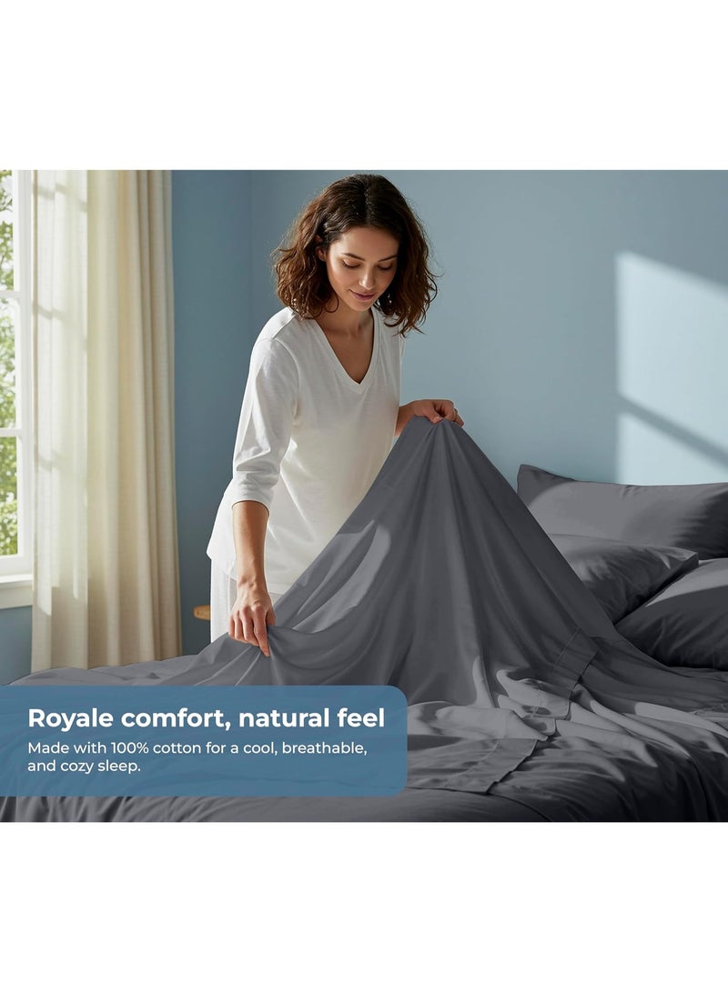 ROYALE LINENS طقم شراشف كوين من القطن العضوي 100% - نسج بيركال - 4 قطع - 1 شريحة مسطحة، 1 شريحة مفصلة بجيب عميق و2 غطاء وسادة - شراشف سرير رمادية كوين - باردة ومنعشة (رمادي) - Image 4